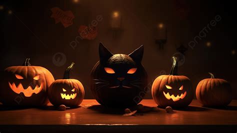Halloween Wallpaper With Cats In Glowing Pumpkins Background 3d