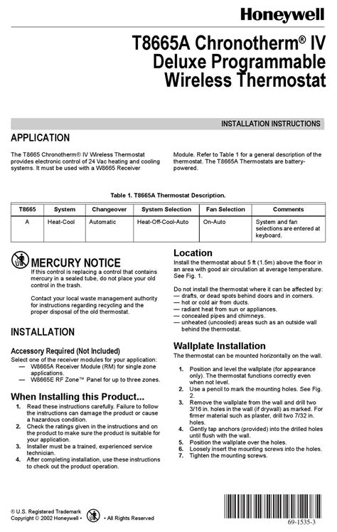 HONEYWELL CHRONOTHERM T8665A INSTALLATION INSTRUCTIONS MANUAL Pdf