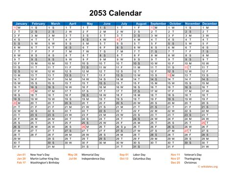 2053 Calendar Horizontal One Page