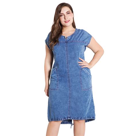 Wipalo Fashion Plus Size 5xl Denim Dress Women Knee Length Short Sleeve