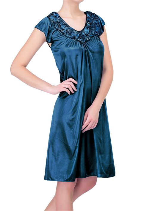 Ezi Womens Satin Silk Roses Short Sleeve Knee Length Nightgown