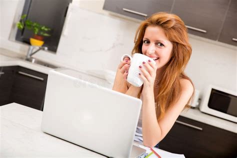 Redhead Girl Drinking Cafe In Kitchen Stock Image Image Of Cafe Girl 55768289
