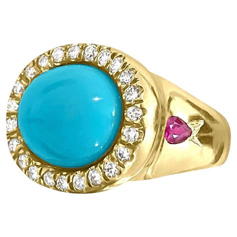 Turquoise Cabochon Diamond Yellow Gold Cocktail Ring At 1stDibs