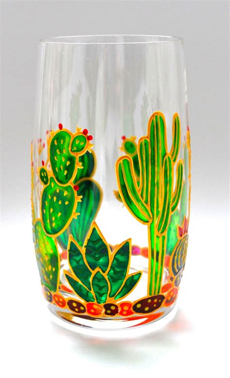 Cactus Glasses Hand Painted Stemless Wine Glasses Etsy