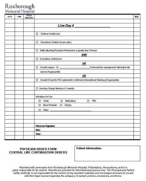 Physician Order Form Central Line Continuation Orders Patient Safety
