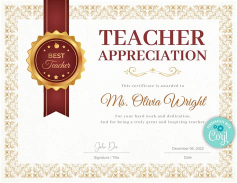 Teacher Appreciation Award Certificate Template Teacher T Award