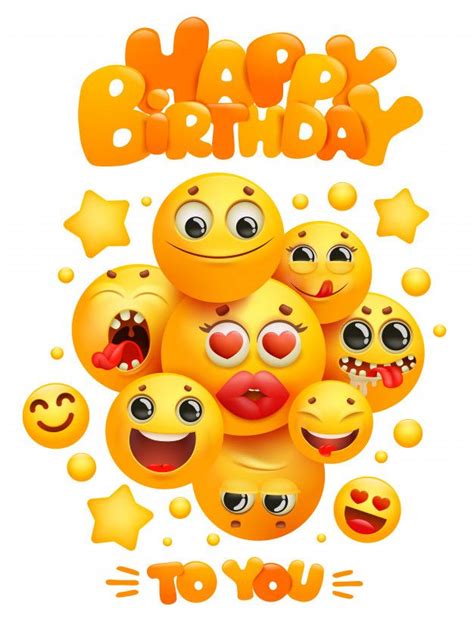 Premium Vector Happy Birthday Greeting Card Template With Group Of Emoji Cartoon Yellow Smile