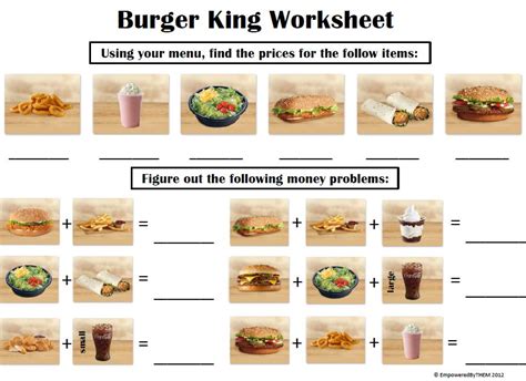 Worksheets are goal directed instructional design plan, menu word problems work 2, teacher to teacher press, garden menu math, 1157 fast food intro, name, everyday math skills workbooks. Empowered By THEM: Menu Math Burger King