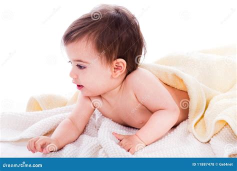 Infant Lying Under The Yellow Towel Stock Photo Image Of Childhood