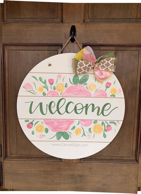 Round Circle Welcome Shiplap Wood Door Hanger Spring Flowers by ...