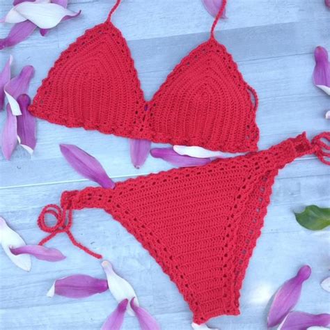 Red Crochet Triangle Bikini Bikini Set Bottom And Top Etsy Crochet My Xxx Hot Girl