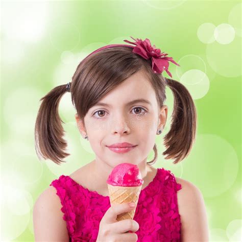 Little Cute Girl With Ice Cream Stock Photo Image Of Cute Curly