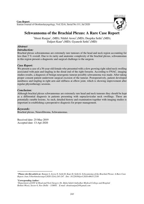 Pdf Schwannoma Of The Brachial Plexus A Rare Case Report