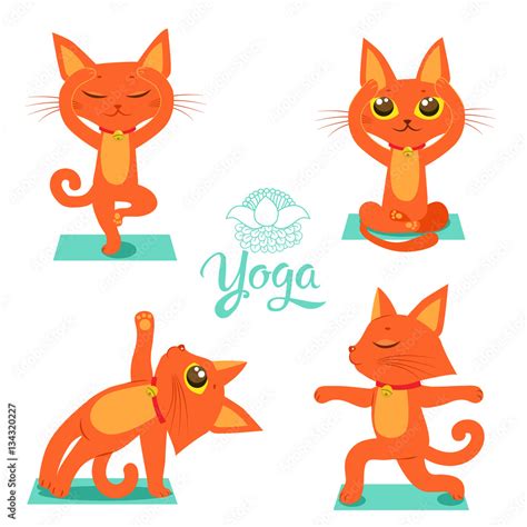 Set Cartoon Funny Cats Icons Doing Yoga Position Cartoon Meditation