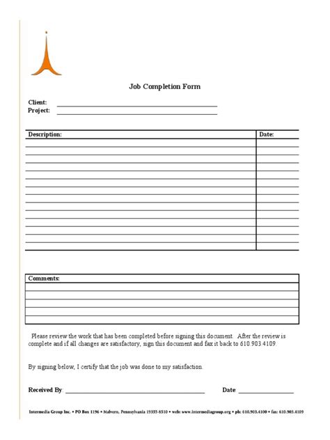 Printable Job Completion Form Template Printable Forms Free Online