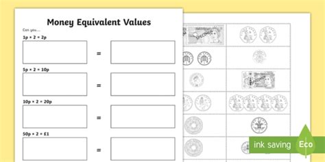 Money Equivalent Values Matching Worksheet Money Pounds Sterling Coins