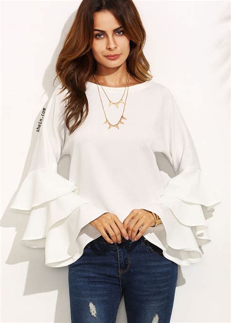white round neck ruffle long sleeve blouse ladies tops fashion workwear fashion fashion tops