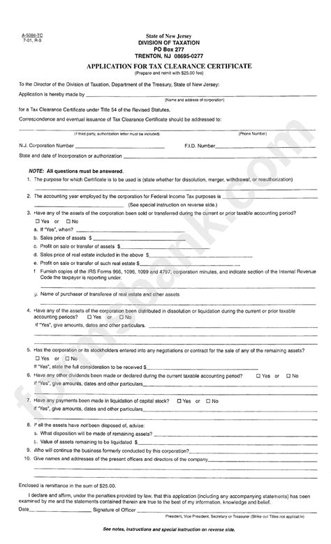 You may obtain a duplicate copy of a clearance certificate from the seller or apply to us using this form. Form A-5088-Tc - Application For Tax Clearance Certificate - New Jersey printable pdf download
