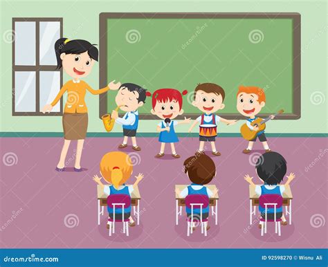 Young Teacher With Children Playing Music In Classroom Stock Vector