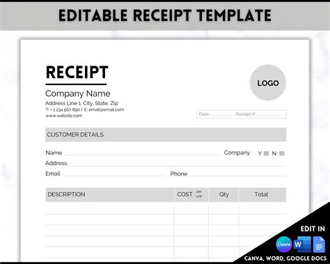 Receipt Template Editable Receipt Form Small Business Etsy Uk
