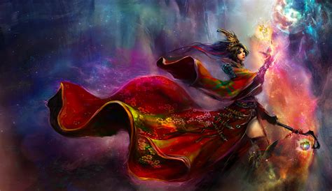 Red Pretty Art Witch Female Sorceress Beautiful Woman Fantasy