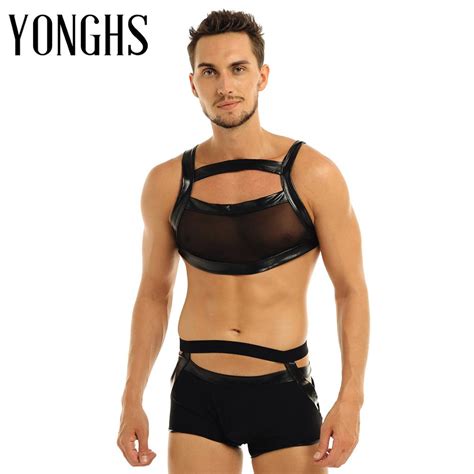 2pcs Harness Mens Leather Police Erotic Sexy Lingerie Set Mesh Shoulder