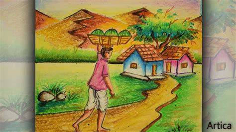 Beautiful Village Human Figure Scenery Drawing Watercolor Red Barrel