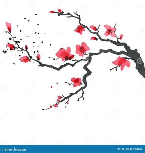 Árbol De Sakura En Estilo Japonés Ejemplo De La Pintura De La Mano De
