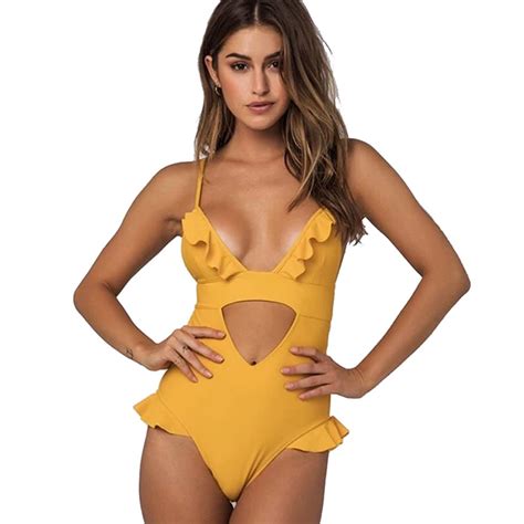 Buy Sexy Ruffled Yellow One Piece Swimsuit Women Trikini 2017 Backless Swimwear