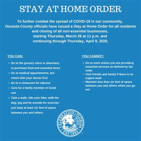 If a state issued such orders multiple times, the chart includes the most recent order. Osceola County Issues Stay-at-Home Order - Celebration, Florida