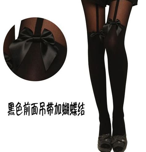 hot sexy women lady soft black tights cute mock bow suspender tattoo sheer nylon stockings