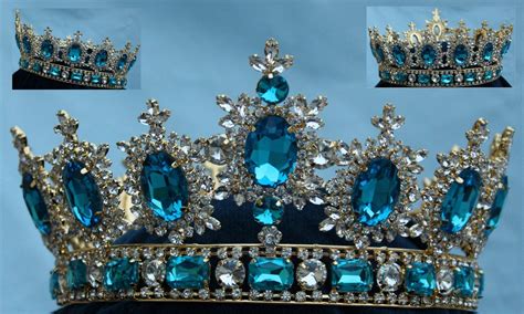 Mens Unisex Rhinestone Gold Full Acquamarine Blue Royal Premium Crown