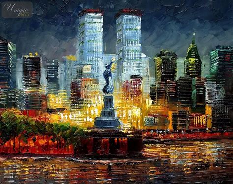 Abstract New York Manhattan Skyline At Sunset 16x20 Oil Painting