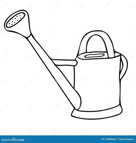 Hand Drawn Outline Black Vector Illustration Of A Beautiful Metal Watering Can For Gardening