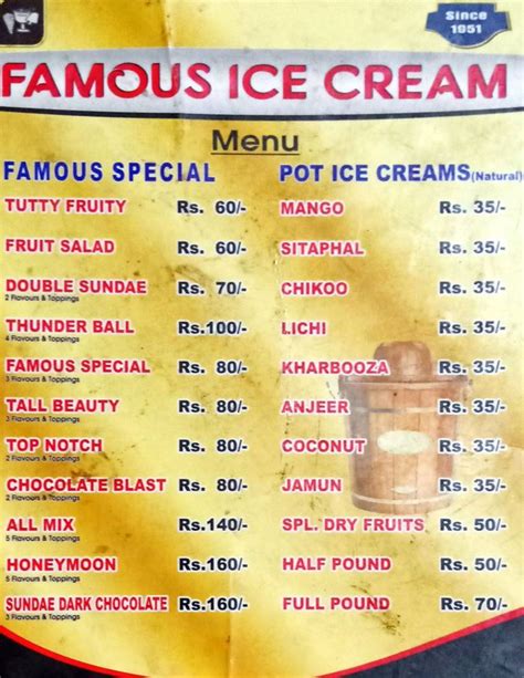 famous ice creams menu and price list for abids hyderabad