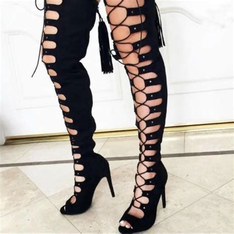 sexy black suede leather women high boots peep toe cut out lace up over knee boots womens thin