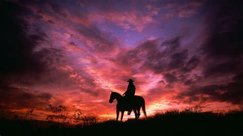 Cowboy On His Horse In Sunset Silhouette