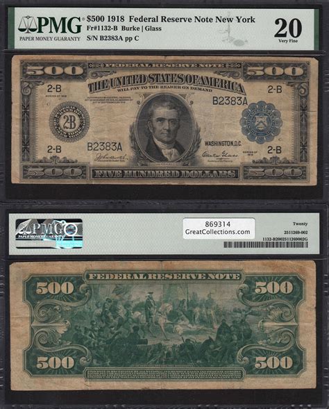 Fr 1132 B 1918 500 New York Federal Reserve Note Burke Glass Pmg