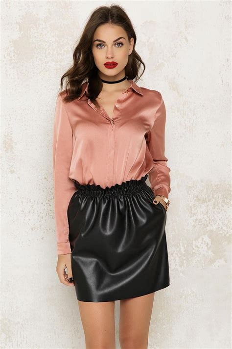 Loavies Pink Satin Shirt Black Leather Skirts Satin Dresses Satin Shirt