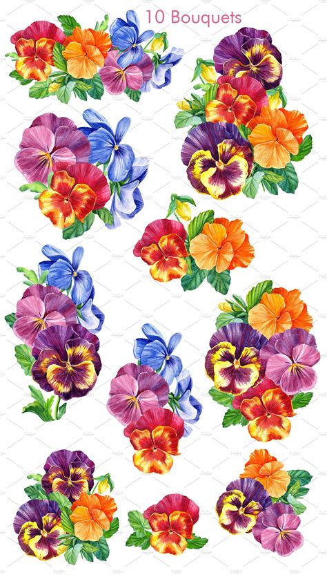 Watercolor Pansies With Leaves And Flowers On The Bottom In Different