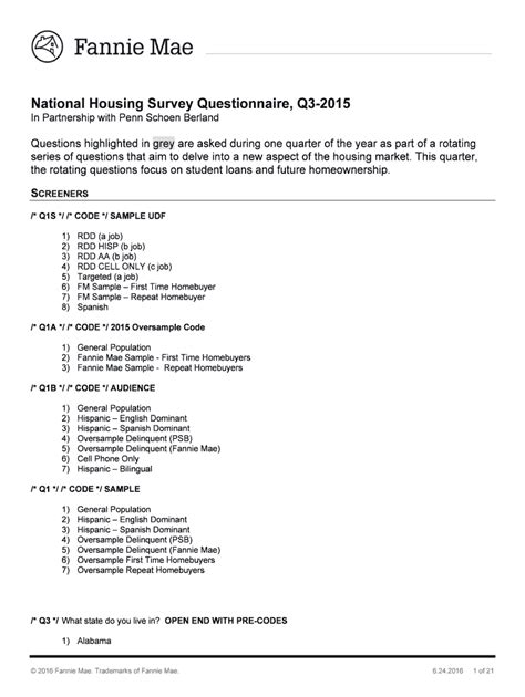 Fillable Online Fannie Mae National Housing Survey Questionnaire Q3