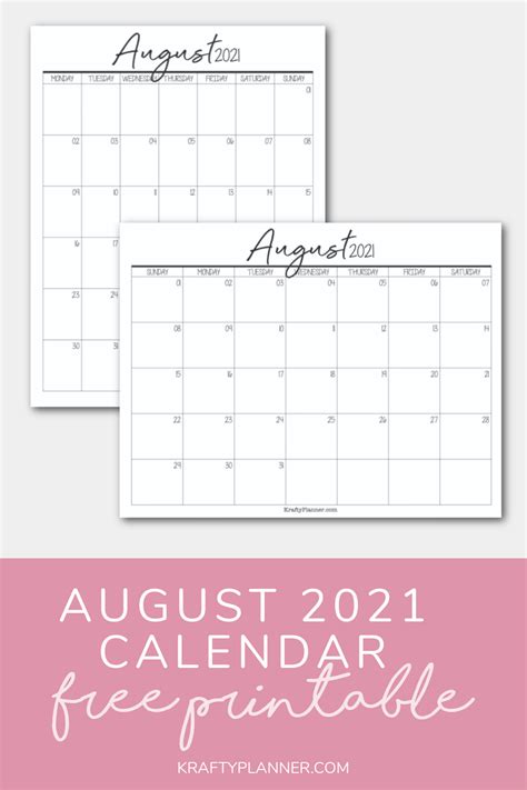 Free Printable August 2021 Calendar — Krafty Planner