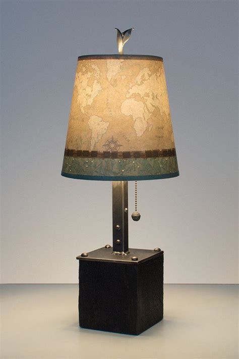 Steel Table Lamp On Reclaimed Wood With Small Drum Shade In Voyages