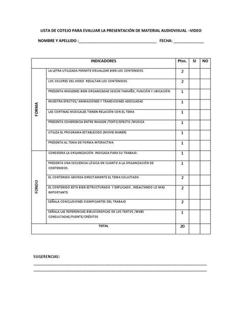 Lista De Cotejo Para Evaluar La Presentaci N De Video