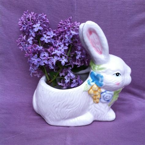Bunny Planter Vintage Ceramic Rabbit Planter Floral Bunny
