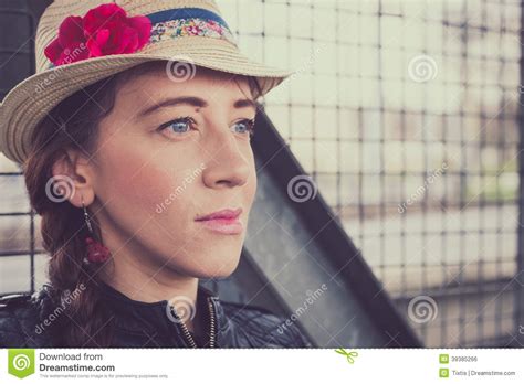 Pretty Girl With Hat And Leather Jacket Posing Stock Photo Image Of