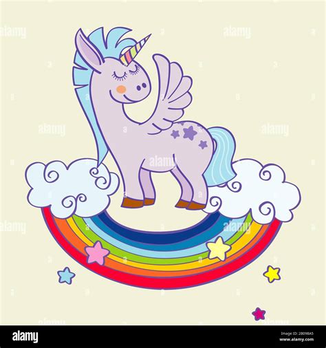 Vector Winged Unicorn Standing On A Rainbow With Clouds Mythology