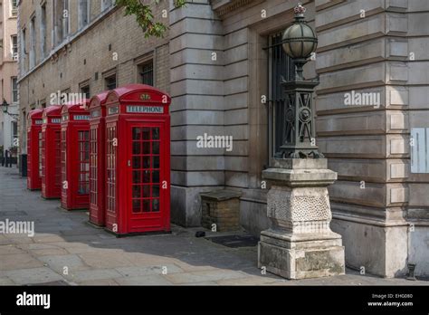Traditional Red K2 Telephone Kiosks In A Row Near Covent Garden In
