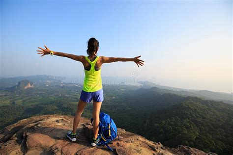 Woman Hiker Open Arms Hiking On Mountain Peak Stock Photo Image Of