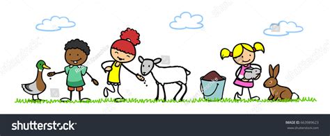 Three Happy Cartoon Children Pet Animals Stock Illustration 663989623